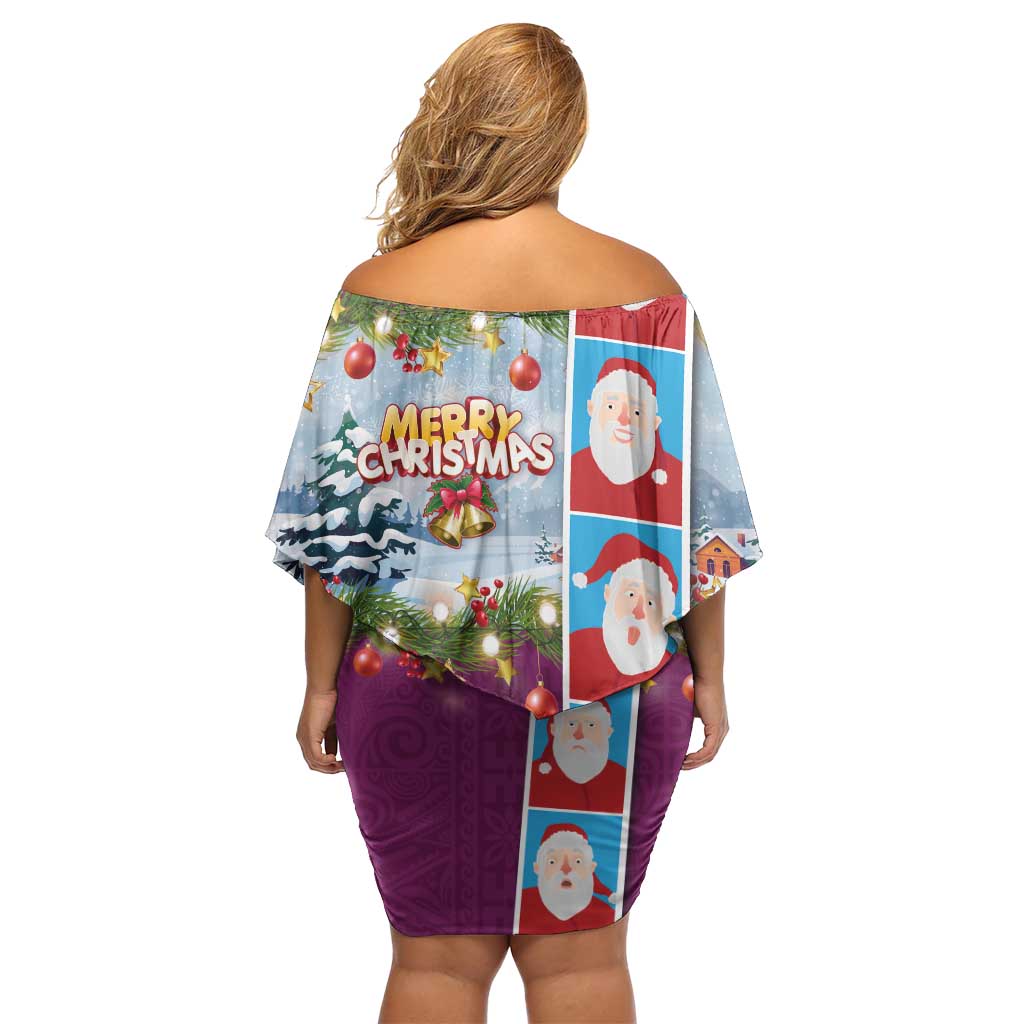 Merry Christmas Off Shoulder Short Dress Funny Santa Claus Cards Photo and Polynesian Pattern Pink Color
