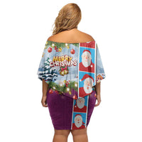 Merry Christmas Off Shoulder Short Dress Funny Santa Claus Cards Photo and Polynesian Pattern Pink Color