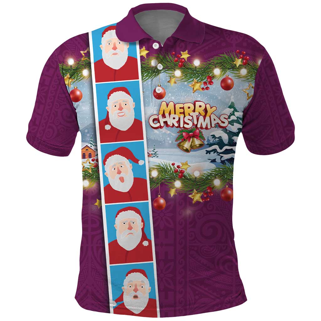 Merry Christmas Polo Shirt Funny Santa Claus Cards Photo and Polynesian Pattern Pink Color