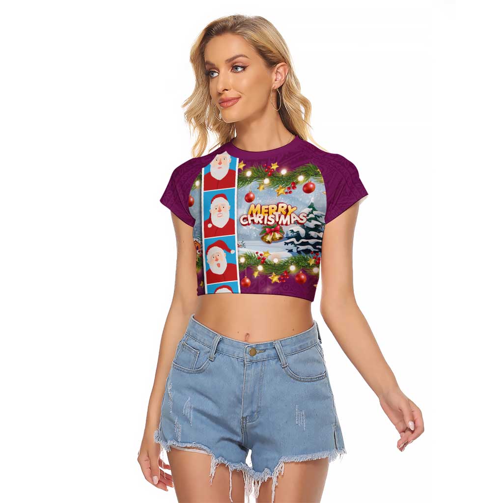 Merry Christmas Raglan Cropped T Shirt Funny Santa Claus Cards Photo and Polynesian Pattern Pink Color