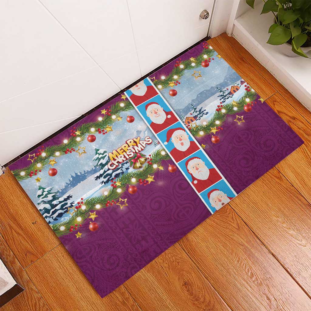 Merry Christmas Rubber Doormat Funny Santa Claus Cards Photo and Polynesian Pattern Pink Color