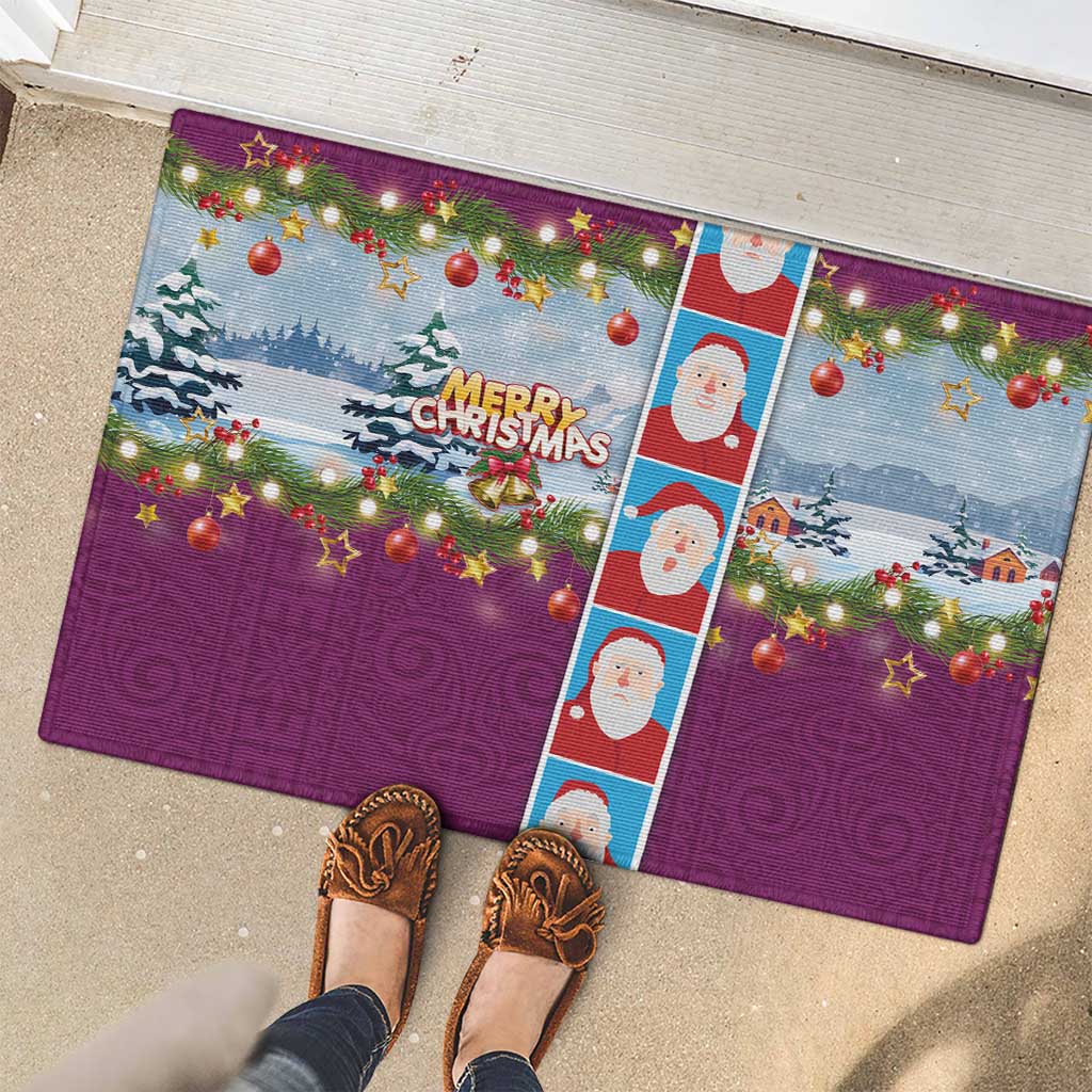 Merry Christmas Rubber Doormat Funny Santa Claus Cards Photo and Polynesian Pattern Pink Color