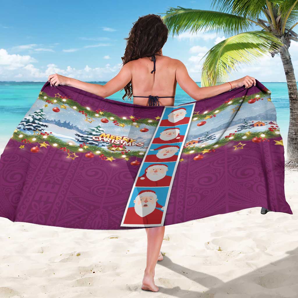 Merry Christmas Sarong Funny Santa Claus Cards Photo and Polynesian Pattern Pink Color