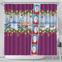 Merry Christmas Shower Curtain Funny Santa Claus Cards Photo and Polynesian Pattern Pink Color