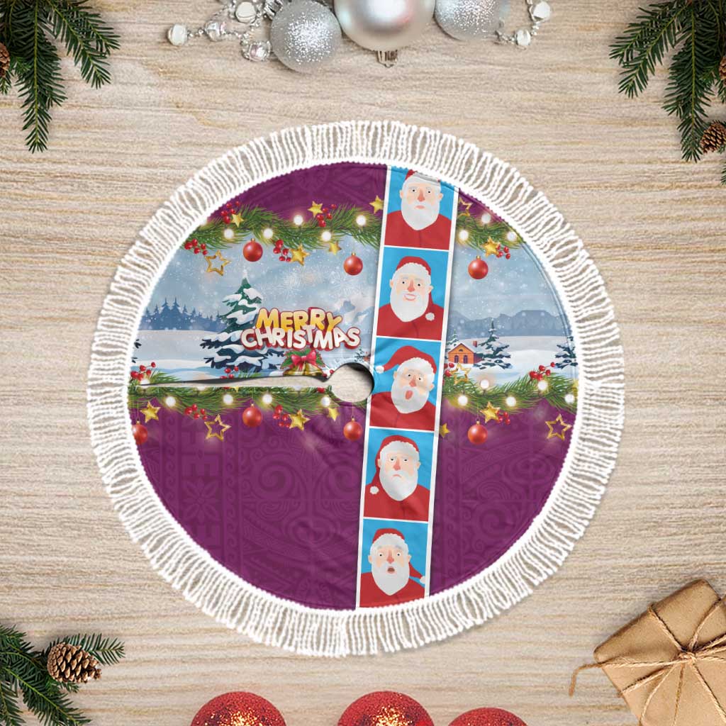 Merry Christmas Tree Skirt Funny Santa Claus Cards Photo and Polynesian Pattern Pink Color LT03 Fringed Pink - Polynesian Pride
