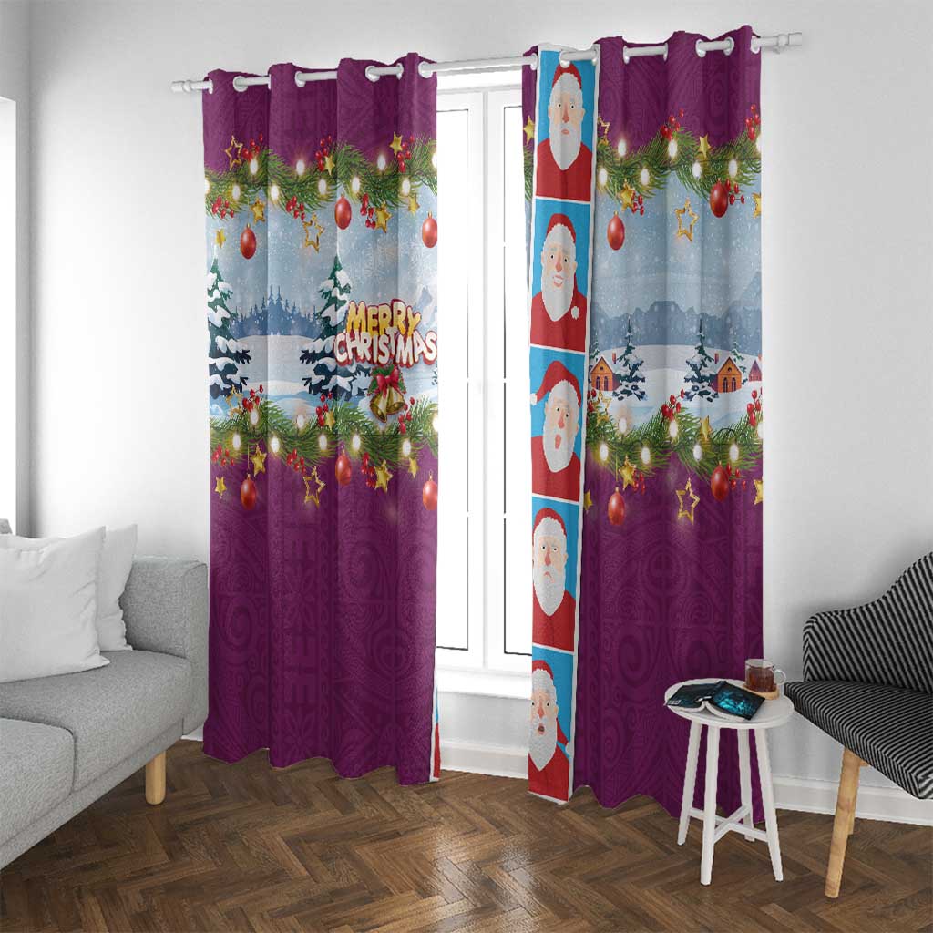 Merry Christmas Window Curtain Funny Santa Claus Cards Photo and Polynesian Pattern Pink Color