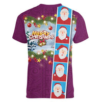 Merry Christmas Women V-Neck T-Shirt Funny Santa Claus Cards Photo and Polynesian Pattern Pink Color