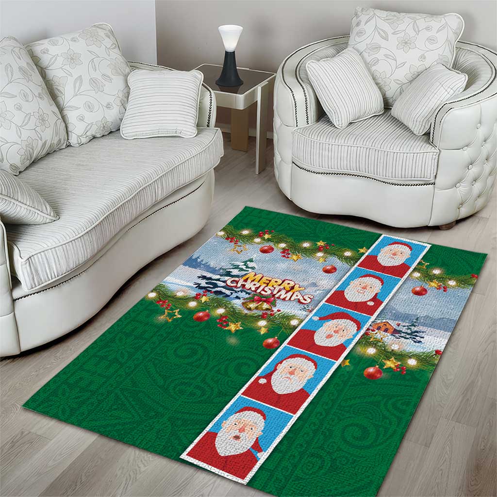 Merry Christmas Area Rug Funny Santa Claus Cards Photo and Polynesian Pattern Green Color