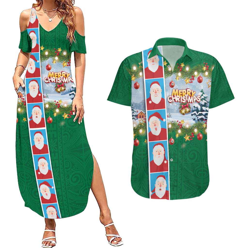 Merry Christmas Couples Matching Summer Maxi Dress and Hawaiian Shirt Funny Santa Claus Cards Photo and Polynesian Pattern Green Color