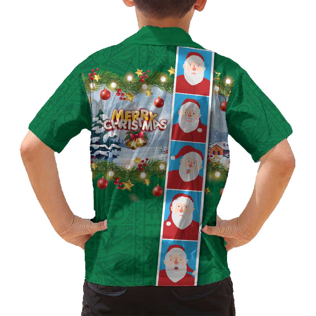 Merry Christmas Family Matching Long Sleeve Bodycon Dress and Hawaiian Shirt Funny Santa Claus Cards Photo and Polynesian Pattern Green Color