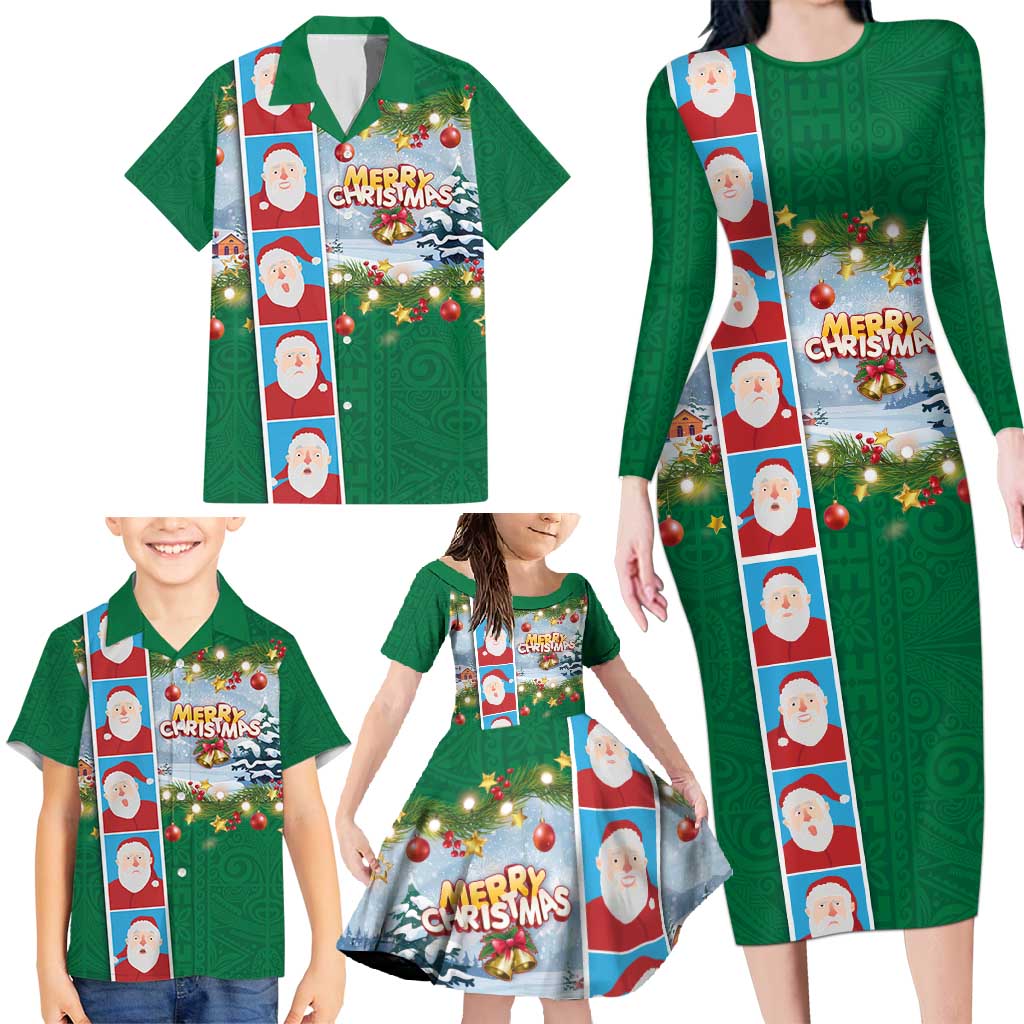 Merry Christmas Family Matching Long Sleeve Bodycon Dress and Hawaiian Shirt Funny Santa Claus Cards Photo and Polynesian Pattern Green Color