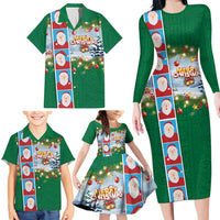 Merry Christmas Family Matching Long Sleeve Bodycon Dress and Hawaiian Shirt Funny Santa Claus Cards Photo and Polynesian Pattern Green Color