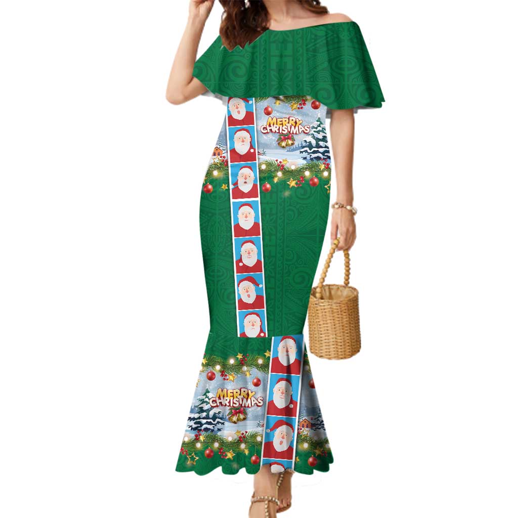 Merry Christmas Family Matching Mermaid Dress and Hawaiian Shirt Funny Santa Claus Cards Photo and Polynesian Pattern Green Color
