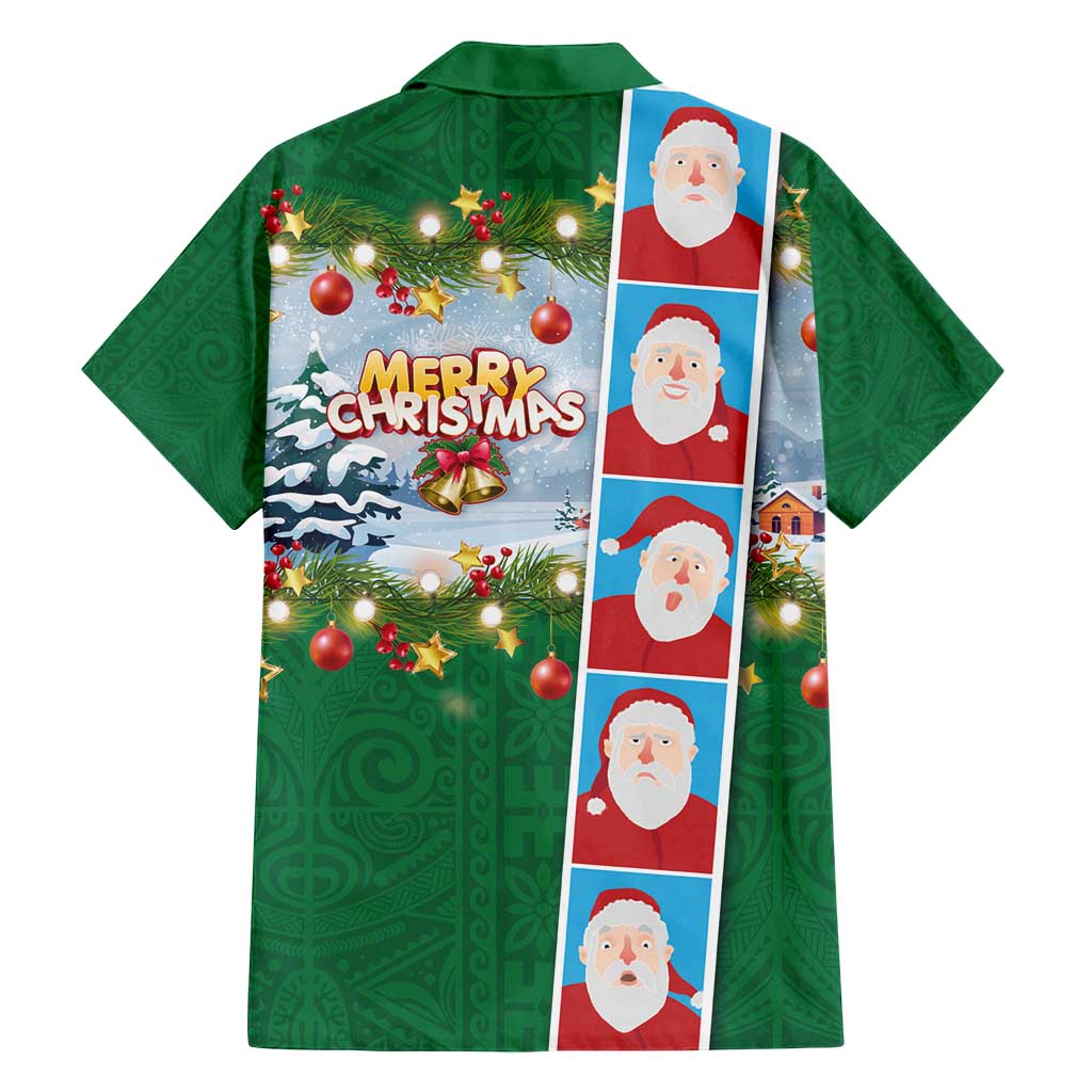 Merry Christmas Family Matching Puletasi and Hawaiian Shirt Funny Santa Claus Cards Photo and Polynesian Pattern Green Color