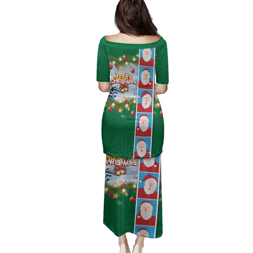 Merry Christmas Family Matching Puletasi and Hawaiian Shirt Funny Santa Claus Cards Photo and Polynesian Pattern Green Color