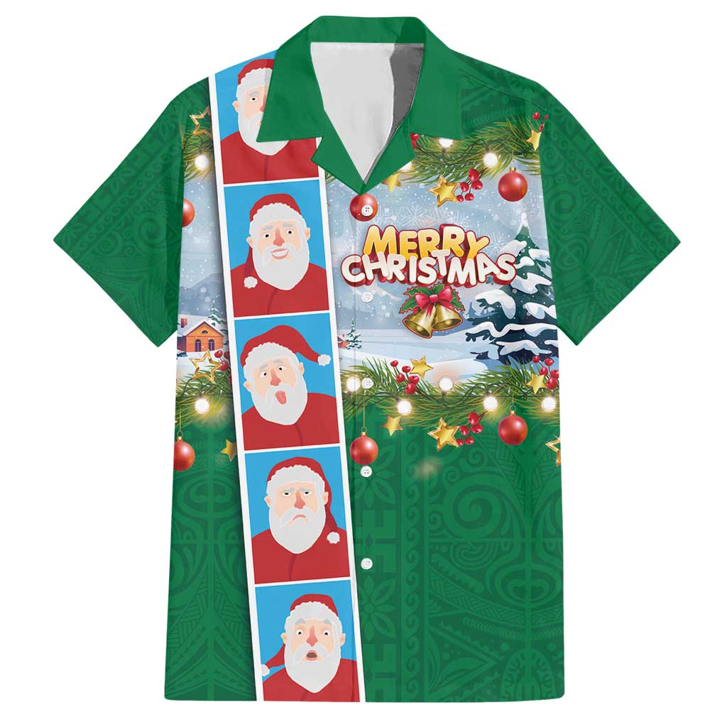 Merry Christmas Family Matching Short Sleeve Bodycon Dress and Hawaiian Shirt Funny Santa Claus Cards Photo and Polynesian Pattern Green Color