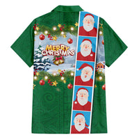Merry Christmas Family Matching Short Sleeve Bodycon Dress and Hawaiian Shirt Funny Santa Claus Cards Photo and Polynesian Pattern Green Color