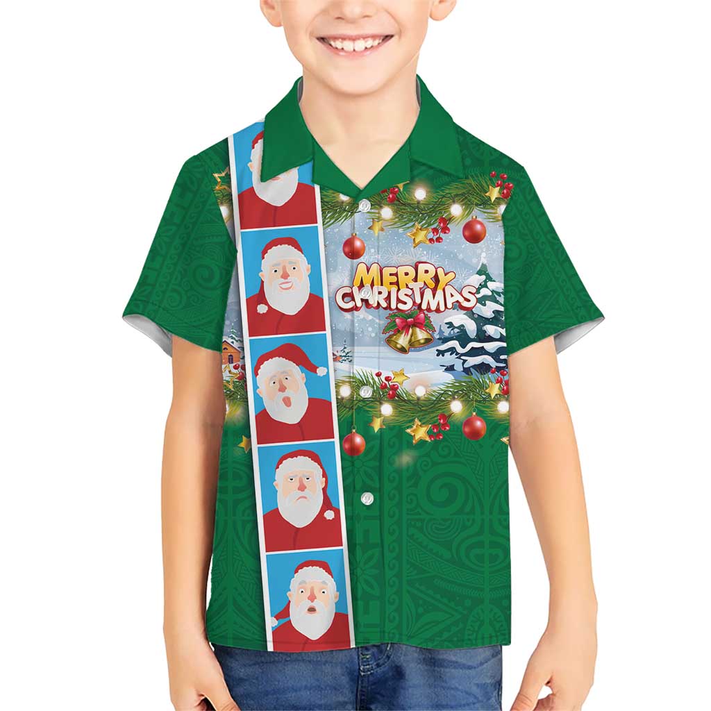 Merry Christmas Kid Hawaiian Shirt Funny Santa Claus Cards Photo and Polynesian Pattern Green Color