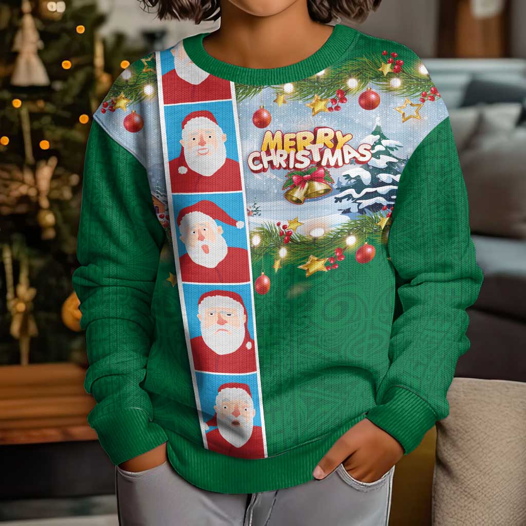 Merry Christmas Kid Ugly Christmas Sweater Funny Santa Claus Cards Photo and Polynesian Pattern Green Color LT03 - Polynesian Pride