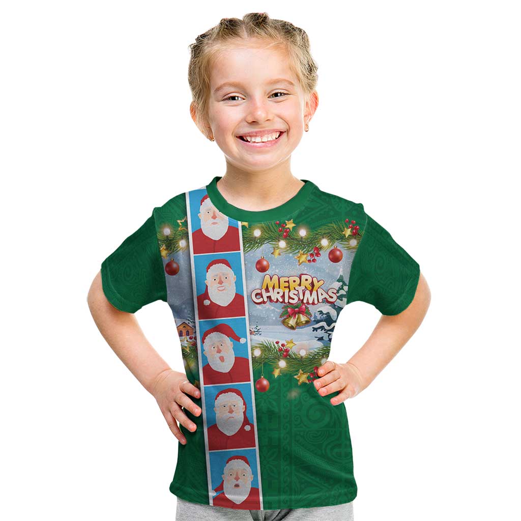 Merry Christmas Kid T Shirt Funny Santa Claus Cards Photo and Polynesian Pattern Green Color LT03 Green - Polynesian Pride