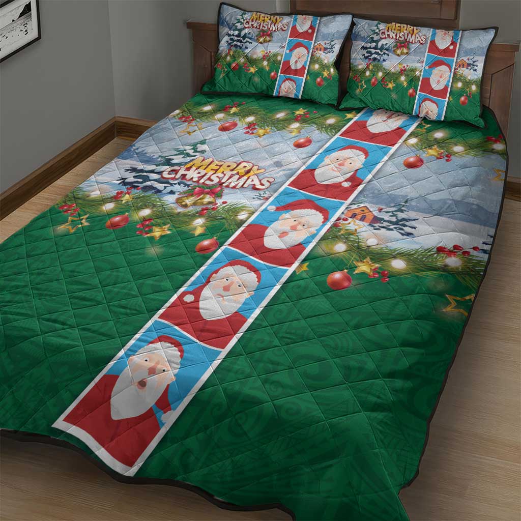 Merry Christmas Quilt Bed Set Funny Santa Claus Cards Photo and Polynesian Pattern Green Color