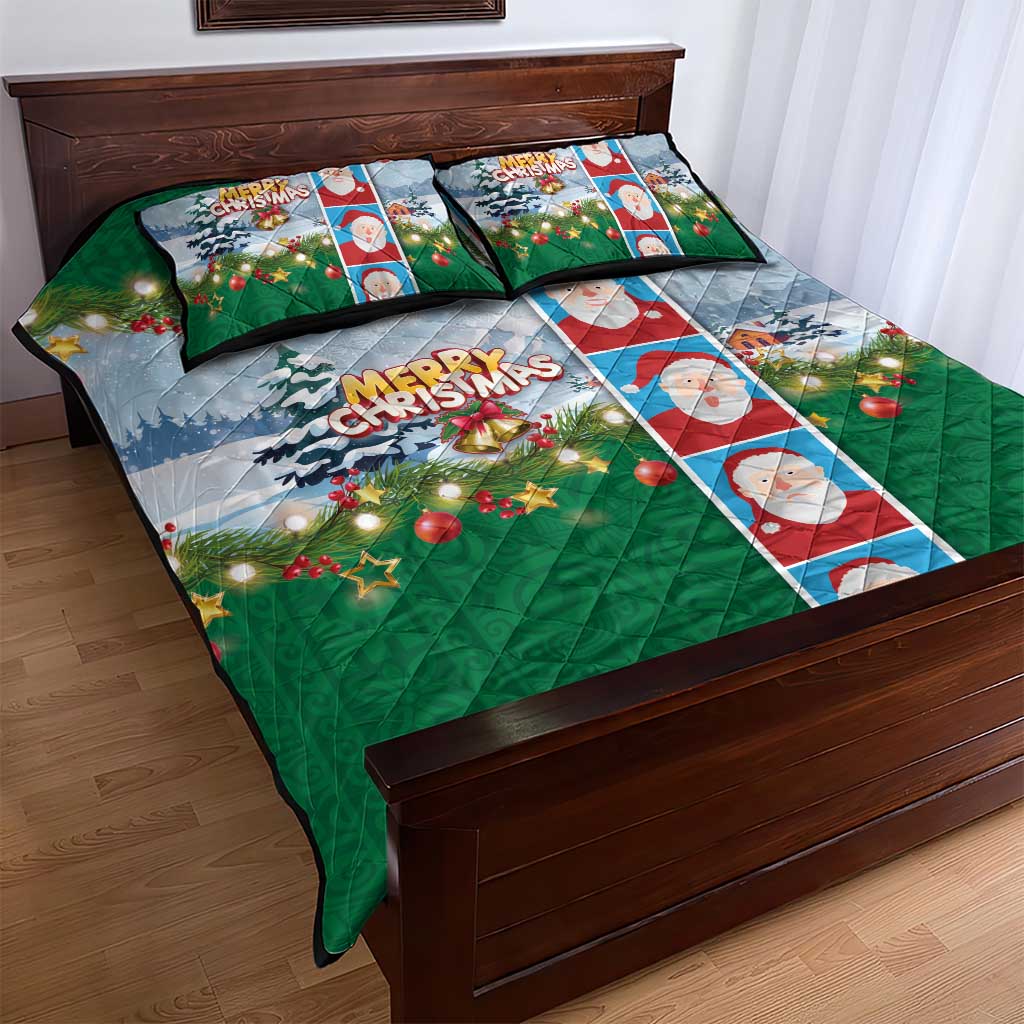 Merry Christmas Quilt Bed Set Funny Santa Claus Cards Photo and Polynesian Pattern Green Color