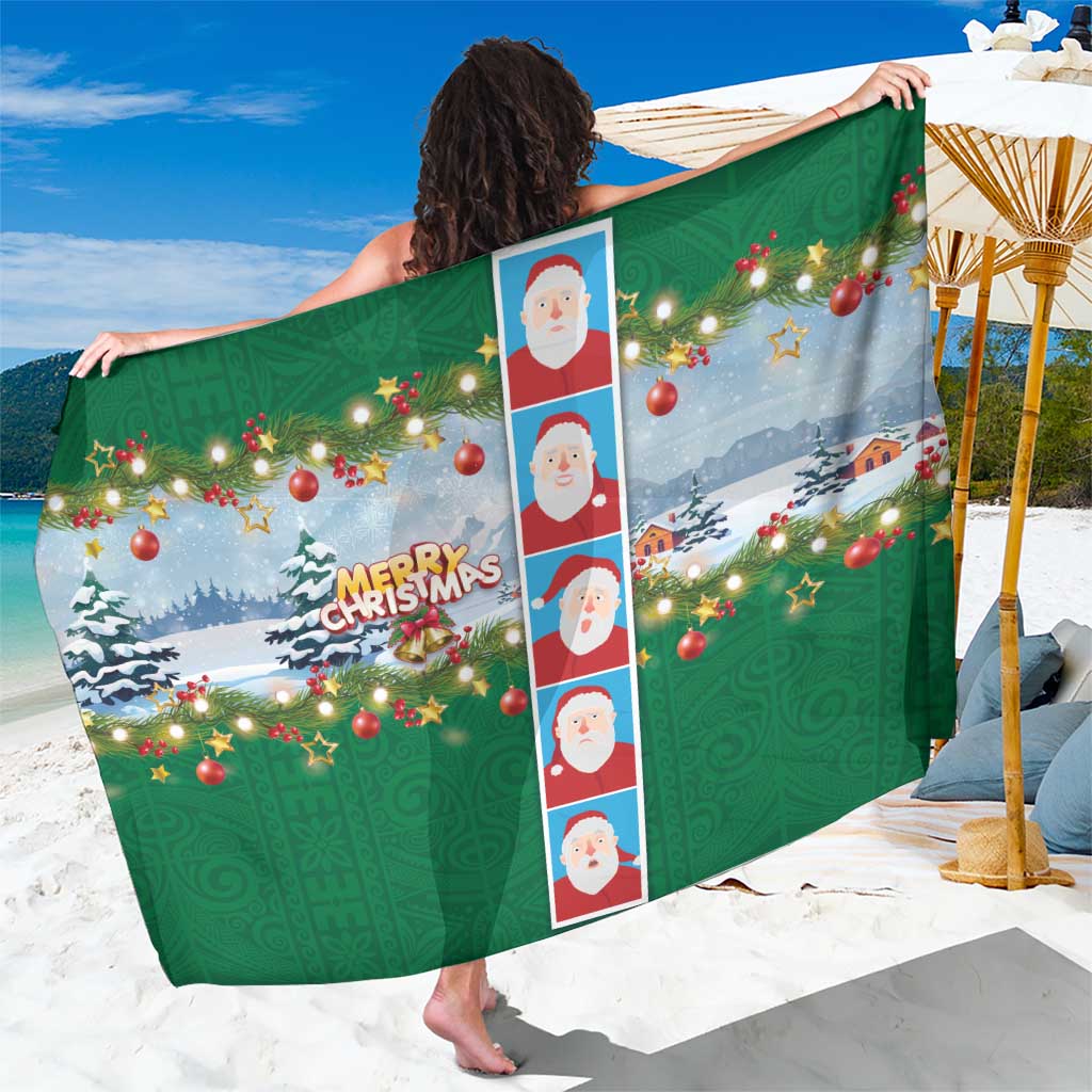 Merry Christmas Sarong Funny Santa Claus Cards Photo and Polynesian Pattern Green Color