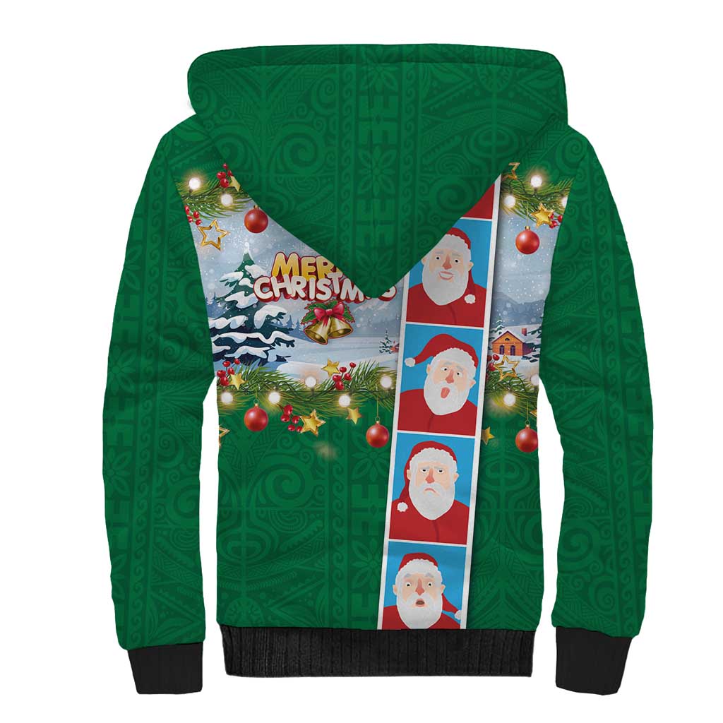 Merry Christmas Sherpa Hoodie Funny Santa Claus Cards Photo and Polynesian Pattern Green Color