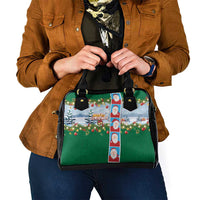 Merry Christmas Shoulder Handbag Funny Santa Claus Cards Photo and Polynesian Pattern Green Color