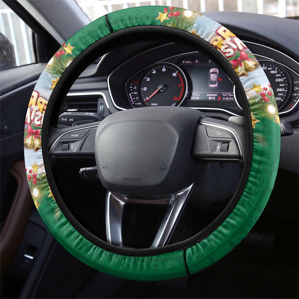 Merry Christmas Steering Wheel Cover Funny Santa Claus Cards Photo and Polynesian Pattern Green Color