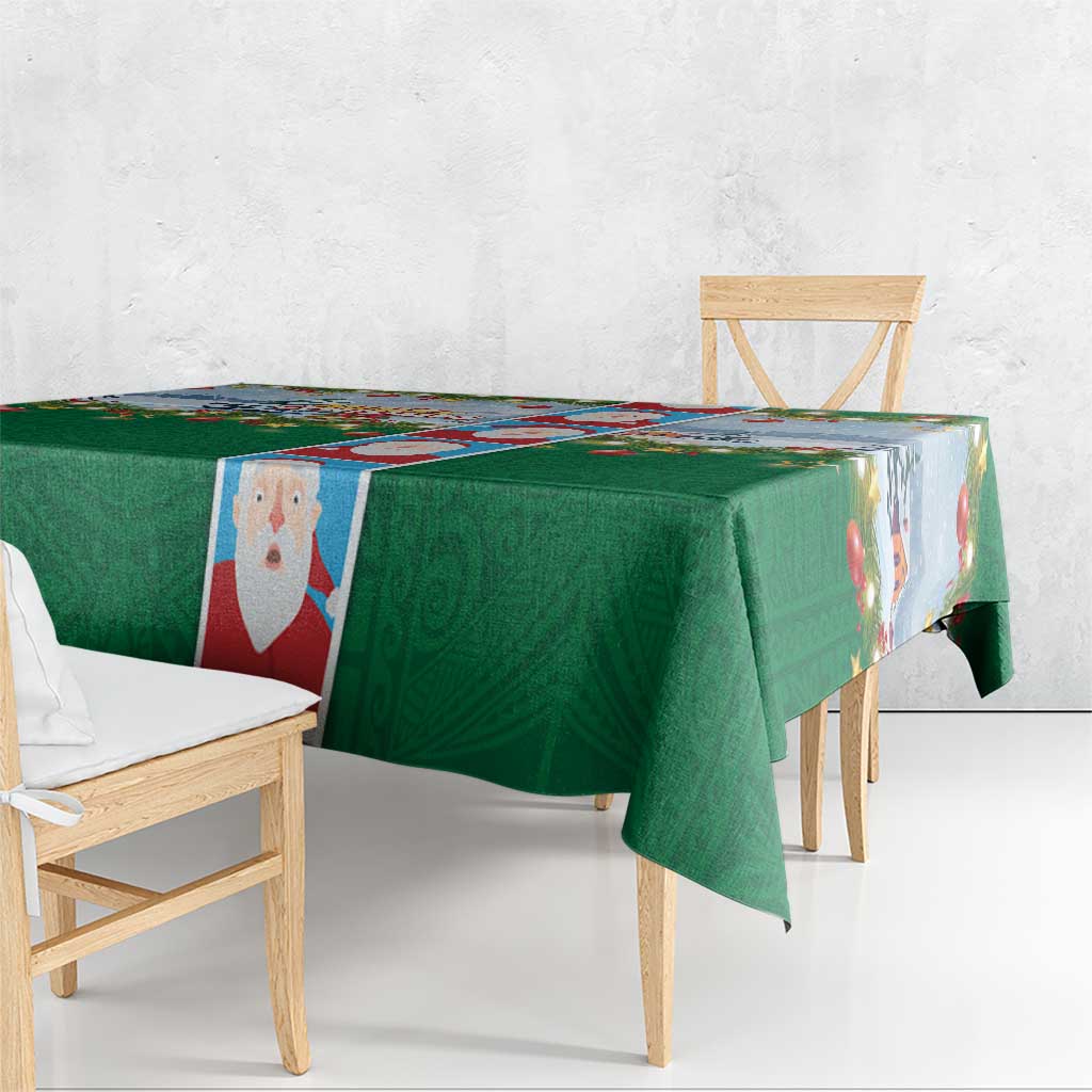 Merry Christmas Tablecloth Funny Santa Claus Cards Photo and Polynesian Pattern Green Color
