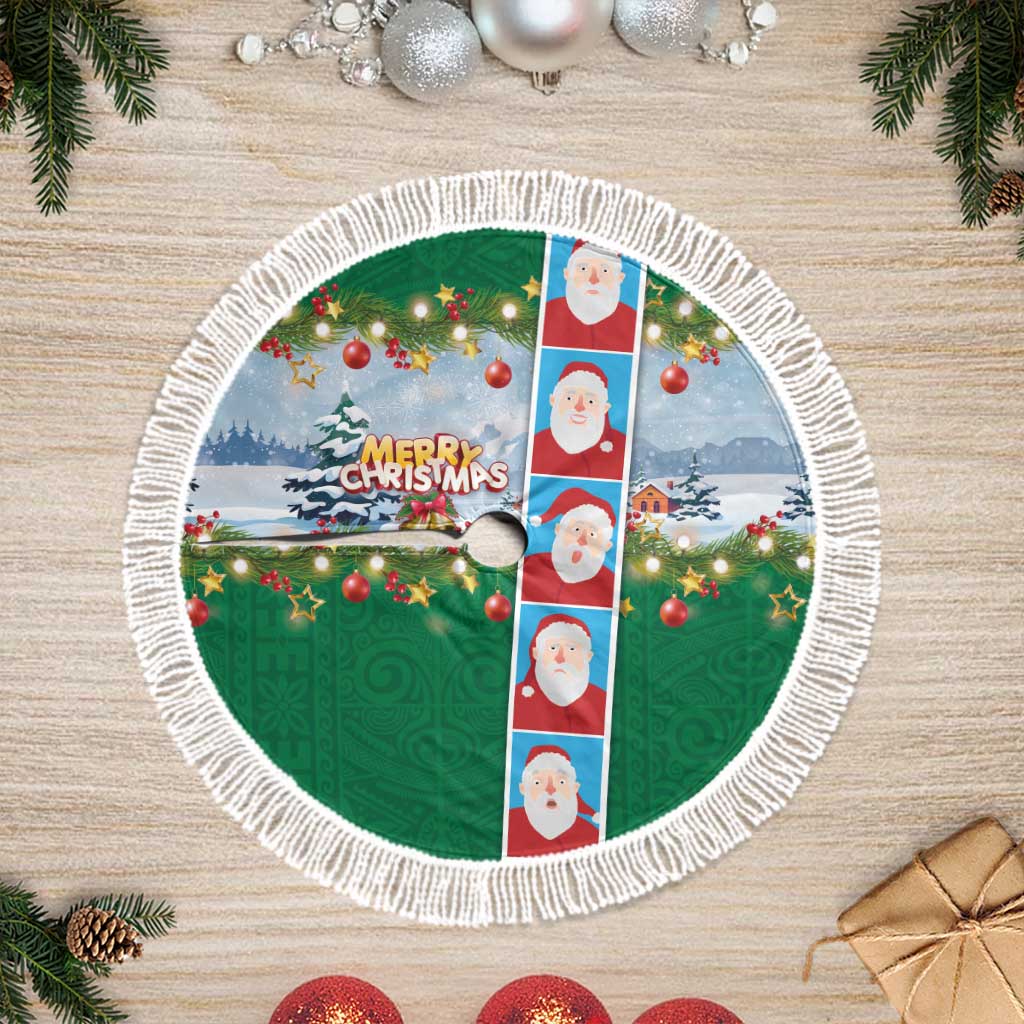 Merry Christmas Tree Skirt Funny Santa Claus Cards Photo and Polynesian Pattern Green Color