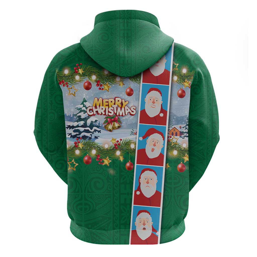 Merry Christmas Zip Hoodie Funny Santa Claus Cards Photo and Polynesian Pattern Green Color