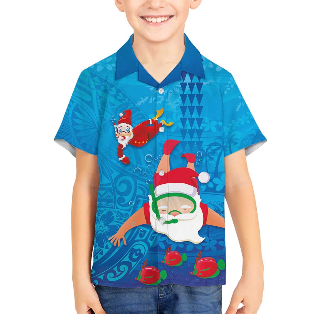 Hawaiian Santa Claus Snorkeling Family Matching Long Sleeve Bodycon Dress and Hawaiian Shirt Kakau and Polynesian Pattern