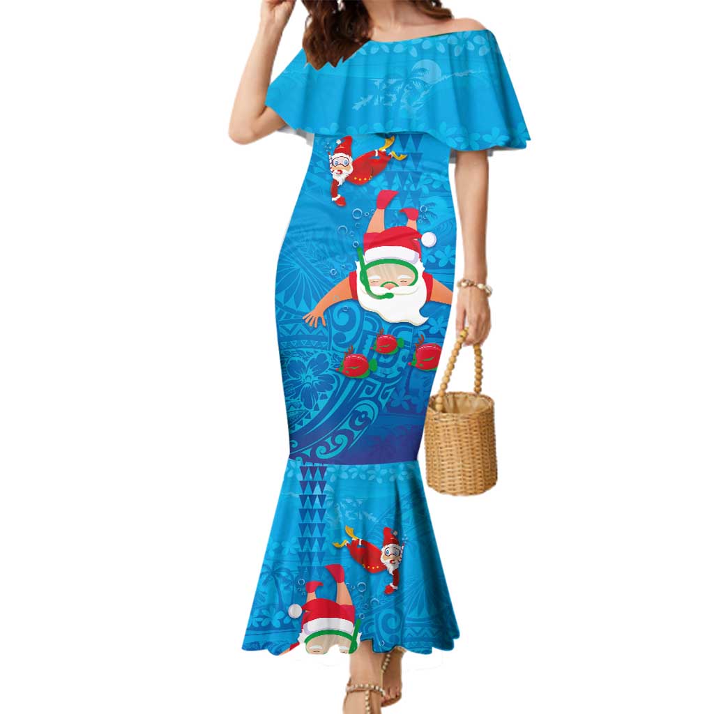 Hawaiian Santa Claus Snorkeling Family Matching Mermaid Dress and Hawaiian Shirt Kakau and Polynesian Pattern