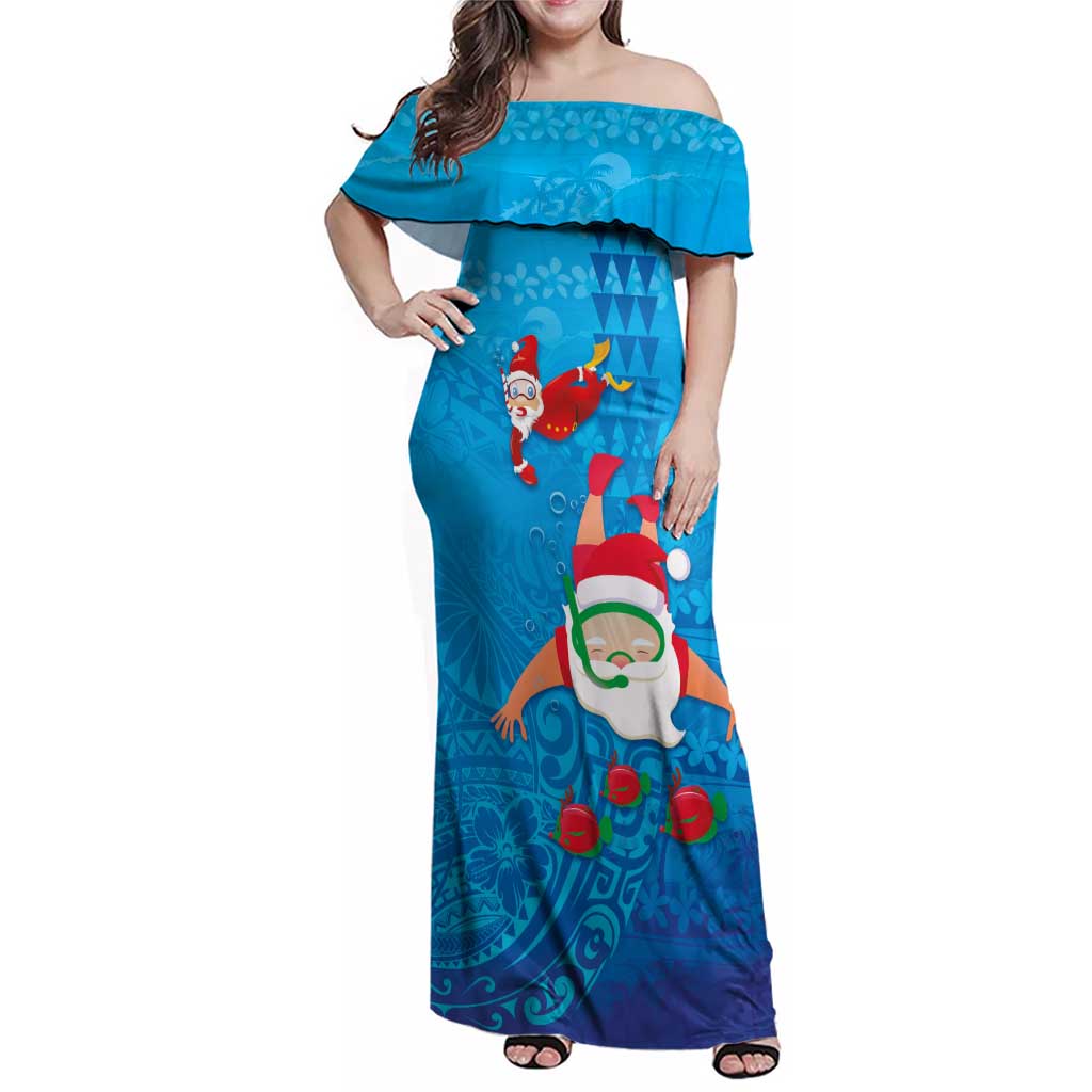 Hawaiian Santa Claus Snorkeling Family Matching Off Shoulder Maxi Dress and Hawaiian Shirt Kakau and Polynesian Pattern