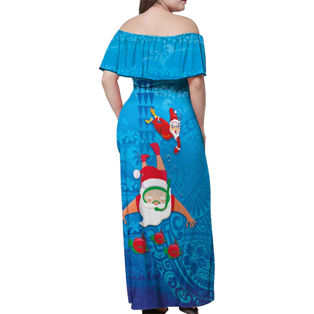 Hawaiian Santa Claus Snorkeling Family Matching Off Shoulder Maxi Dress and Hawaiian Shirt Kakau and Polynesian Pattern