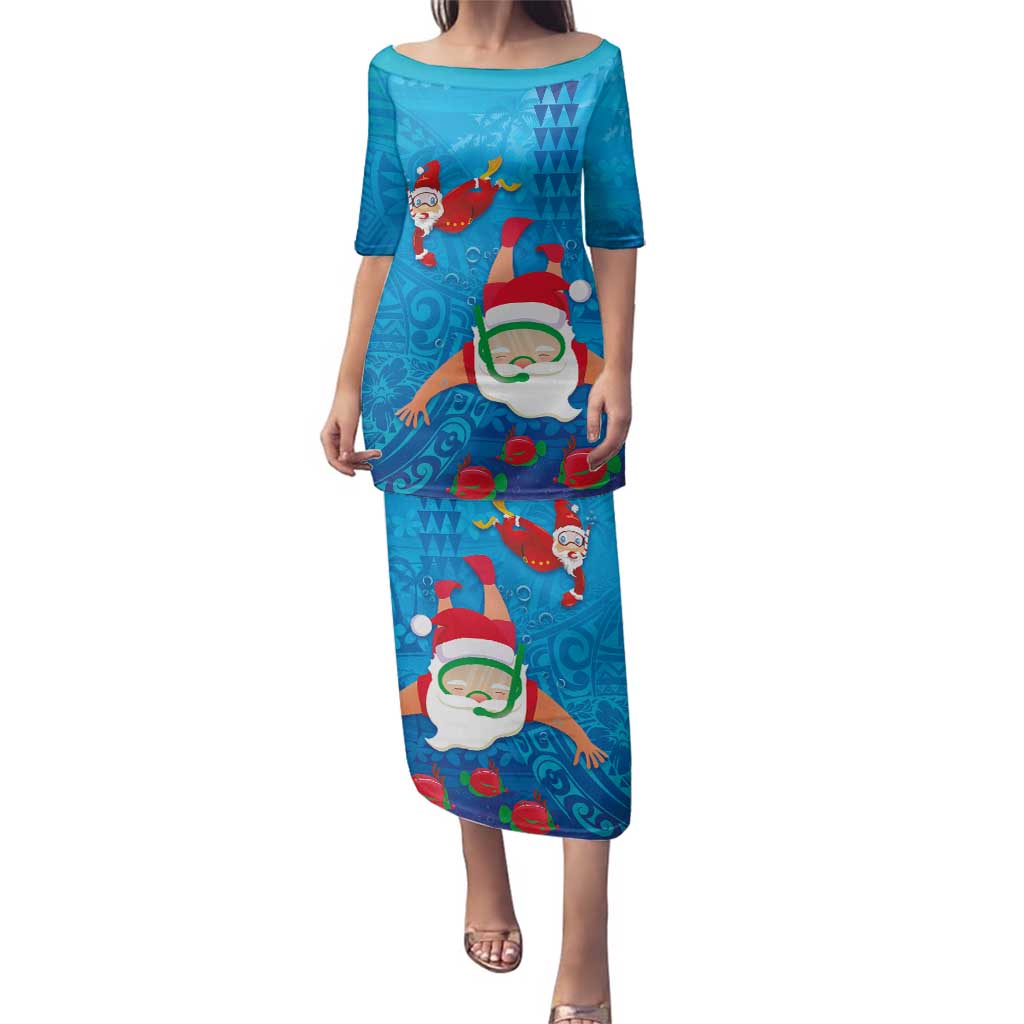 Hawaiian Santa Claus Snorkeling Family Matching Puletasi and Hawaiian Shirt Kakau and Polynesian Pattern