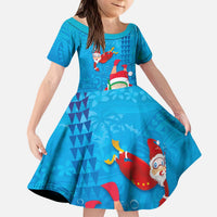 Hawaiian Santa Claus Snorkeling Kid Short Sleeve Dress Kakau and Polynesian Pattern