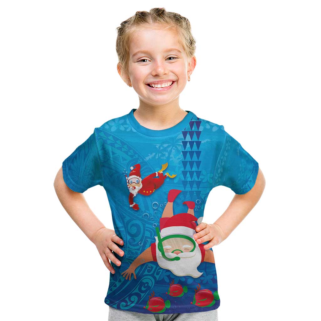 Hawaiian Santa Claus Snorkeling Kid T Shirt Kakau and Polynesian Pattern LT03 Blue - Polynesian Pride