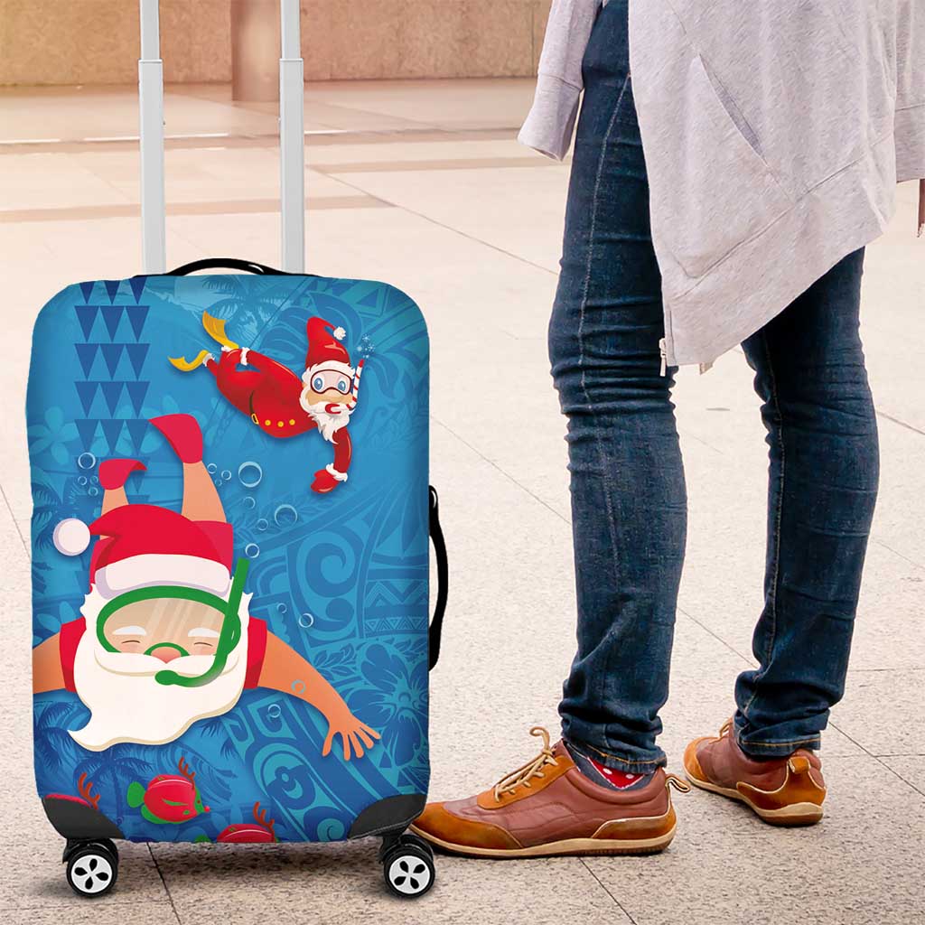 Hawaiian Santa Claus Snorkeling Luggage Cover Kakau and Polynesian Pattern LT03 Blue - Polynesian Pride