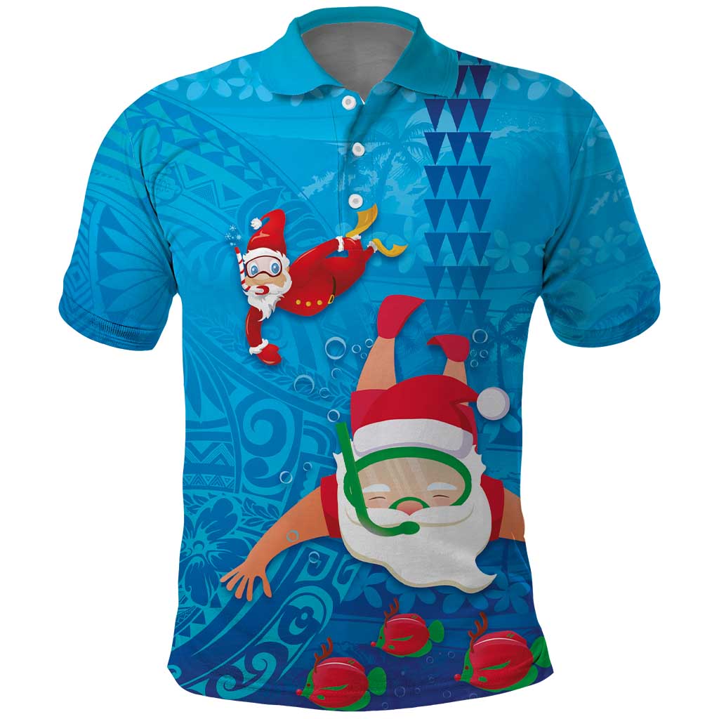 Hawaiian Santa Claus Snorkeling Polo Shirt Kakau and Polynesian Pattern LT03 Blue - Polynesian Pride