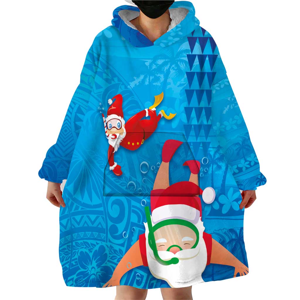 Hawaiian Santa Claus Snorkeling Wearable Blanket Hoodie Kakau and Polynesian Pattern