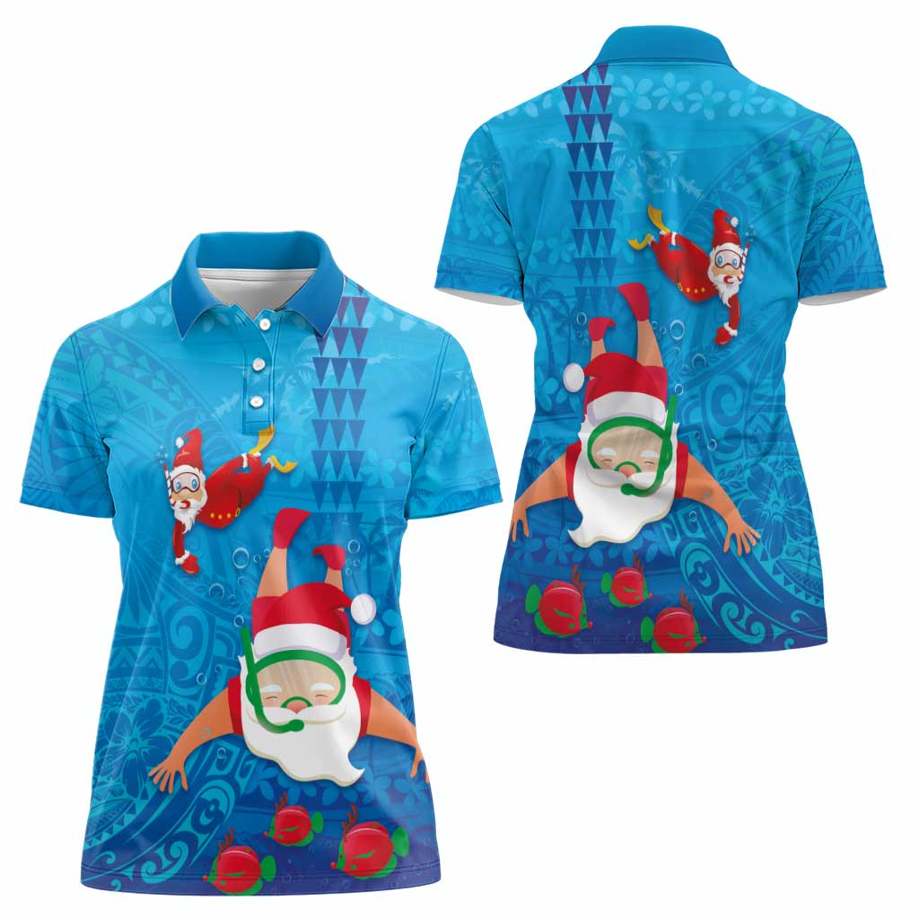 Hawaiian Santa Claus Snorkeling Women Polo Shirt Kakau and Polynesian Pattern