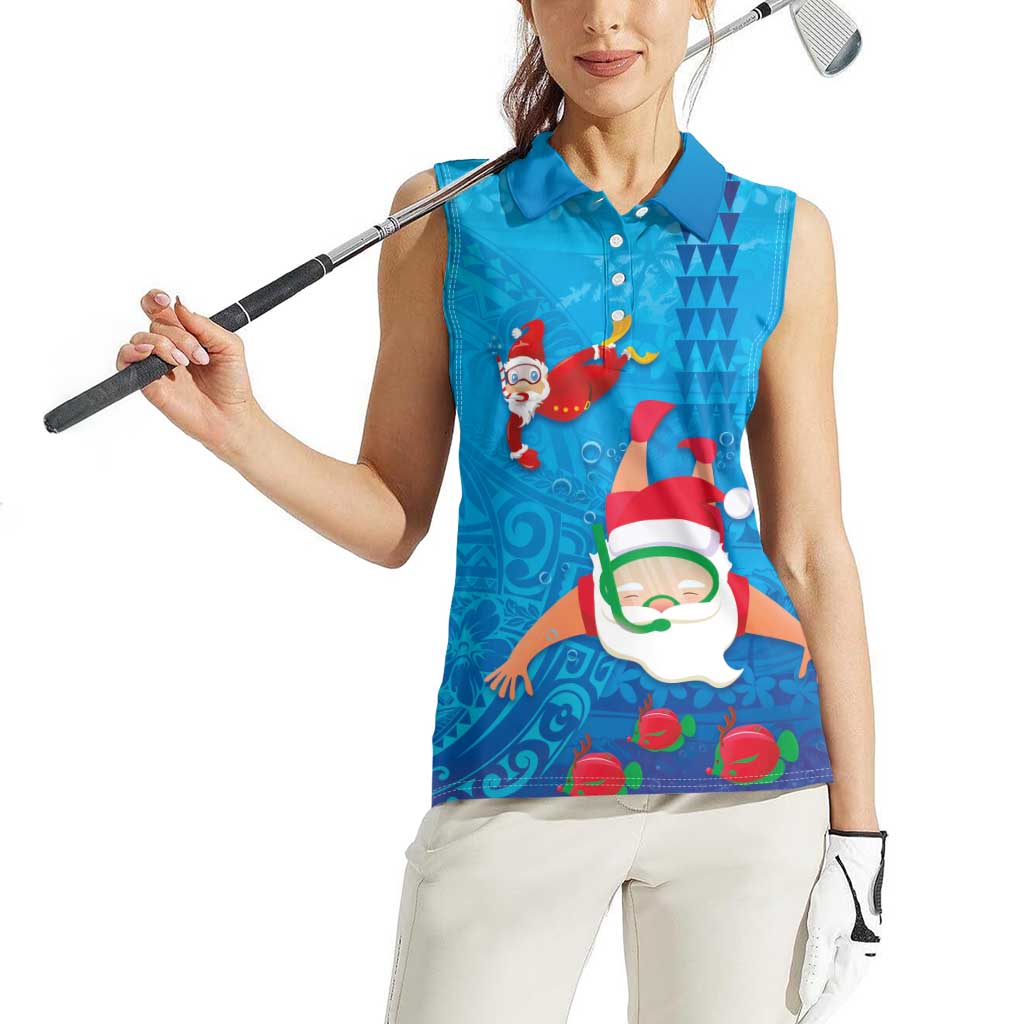 Hawaiian Santa Claus Snorkeling Women Sleeveless Polo Shirt Kakau and Polynesian Pattern