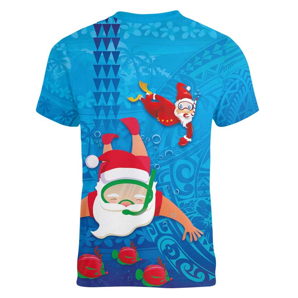 Hawaiian Santa Claus Snorkeling Women V-Neck T-Shirt Kakau and Polynesian Pattern LT03 - Polynesian Pride