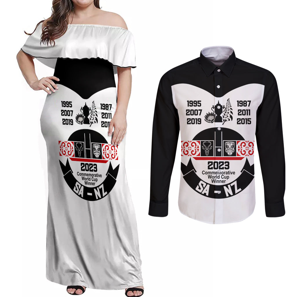 South Africa and New Zealand Couples Matching Off Shoulder Maxi Dress and Long Sleeve Button Shirt Champion History Go Final 2023 Vintage Style LT03 White - Polynesian Pride