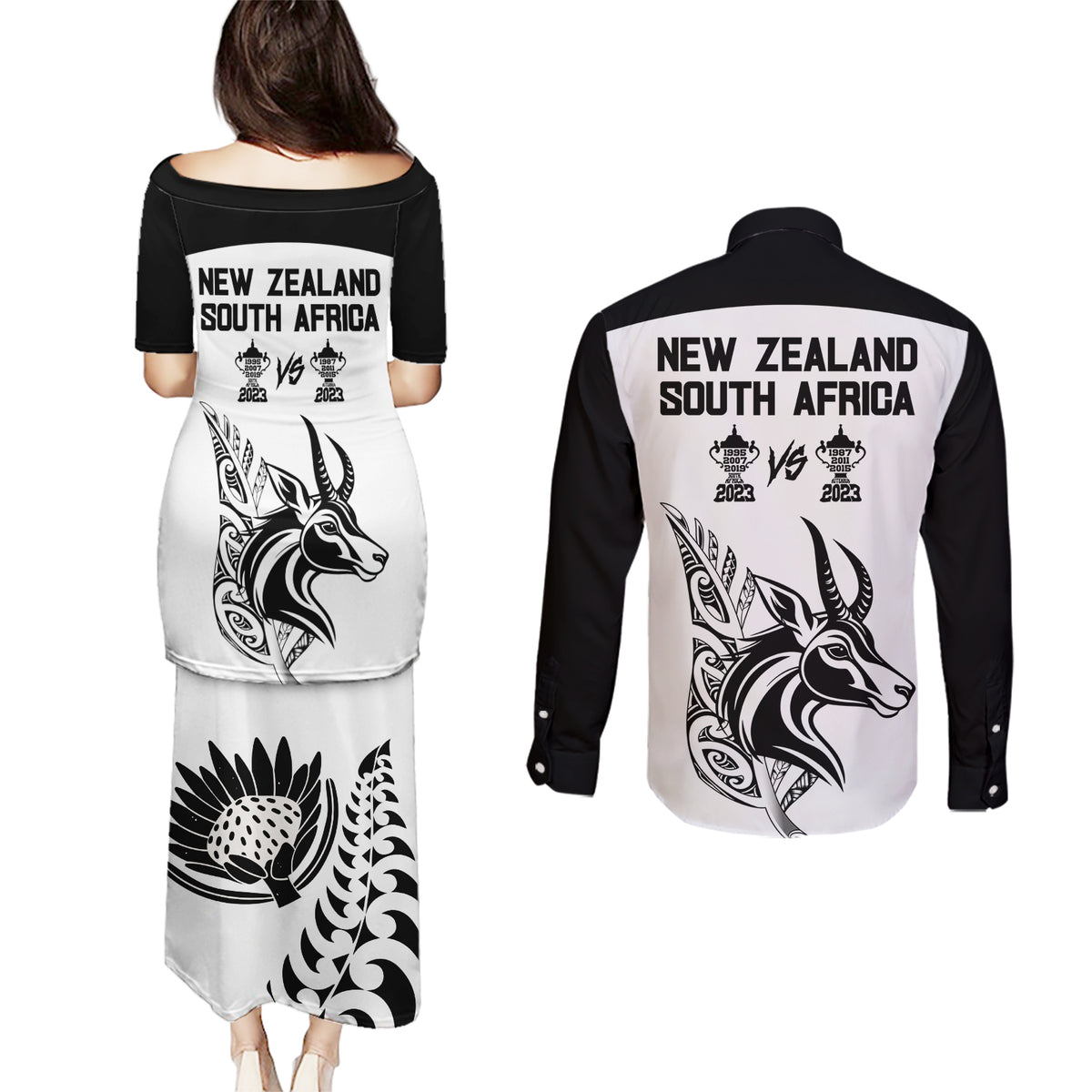 South Africa and New Zealand Couples Matching Puletasi Dress and Long Sleeve Button Shirt Champion History Go Final 2023 Vintage Style LT03 - Polynesian Pride