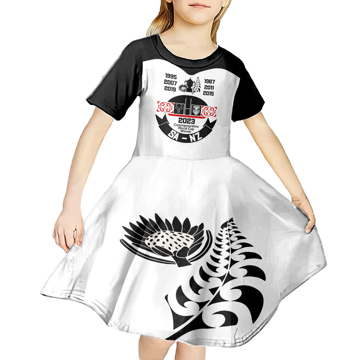 South Africa and New Zealand Kid Short Sleeve Dress Champion History Go Final 2023 Vintage Style LT03 - Polynesian Pride