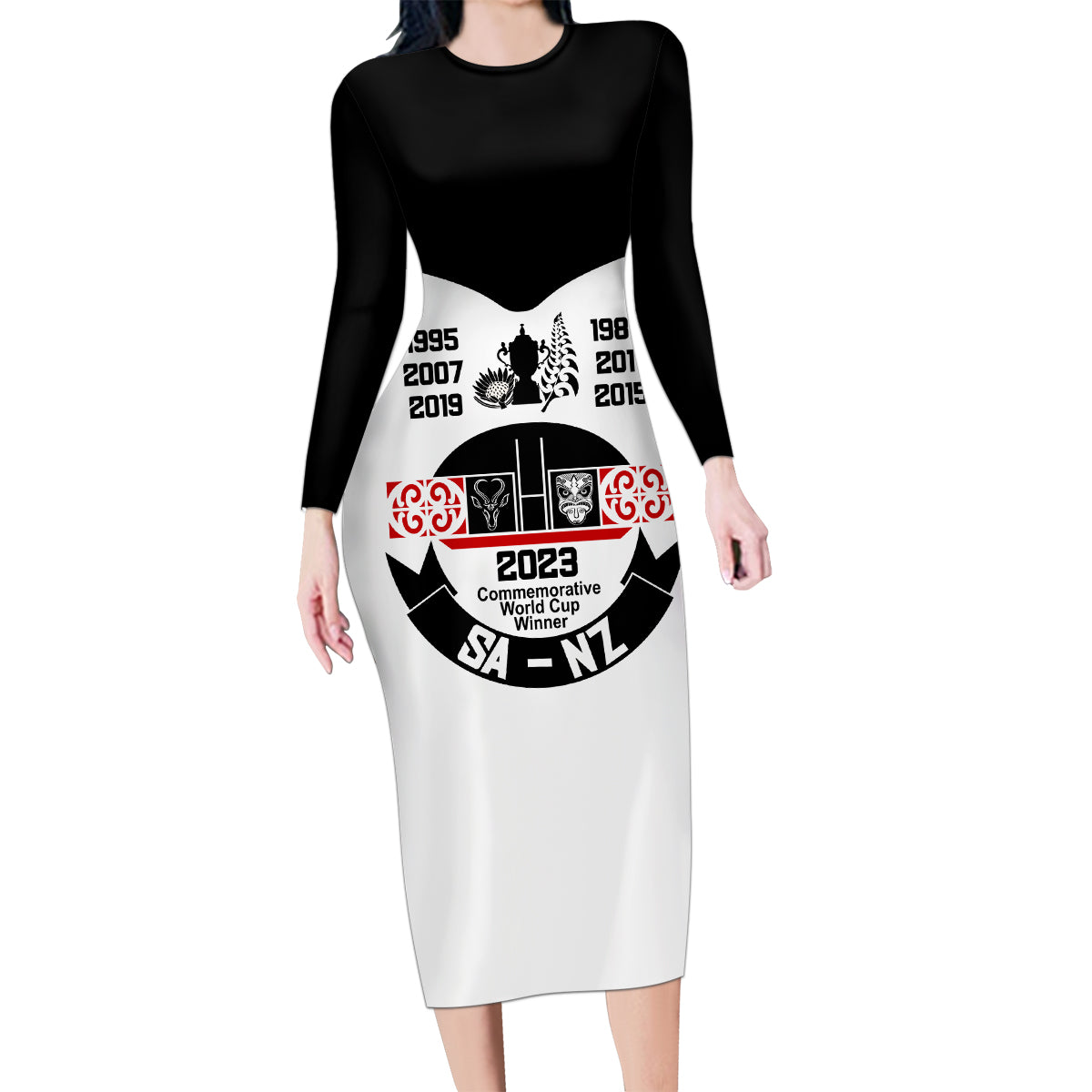 Personalised South Africa and New Zealand Family Matching Long Sleeve Bodycon Dress and Hawaiian Shirt Champion History Go Final 2023 Vintage Style LT03 Mom's Dress White - Polynesian Pride